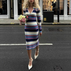 Cyflymder  High End Euramerican Turn Down V Neck Long Sleeve Dress Fresh Constrast Color Striped Slim Knitted Mid Length Dress Y2k Clothes