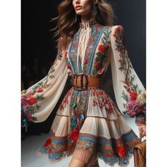 Cyflymder  Bohemia Floral Printed Elegant Women Dress Lace Up Vintage Lantern Sleeve High Waist Autumn Holiday Mini Dress Ethnic Vestidos