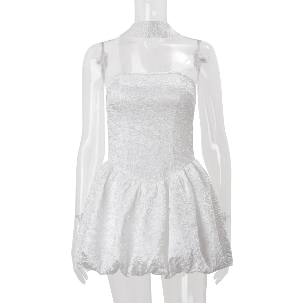 Cyflymder  French Sexy Patchwork Folds Dress for Women Strapless Sleeveless Tunic Fashionable Puff Dresses with Ribbon Female