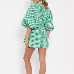 Cyflymder  Women Playsuit y2k Clothes Solid Color/Plaid Print V Neck Bubble Sleeve High Waist Short Jumpsuit Romper Streetwear