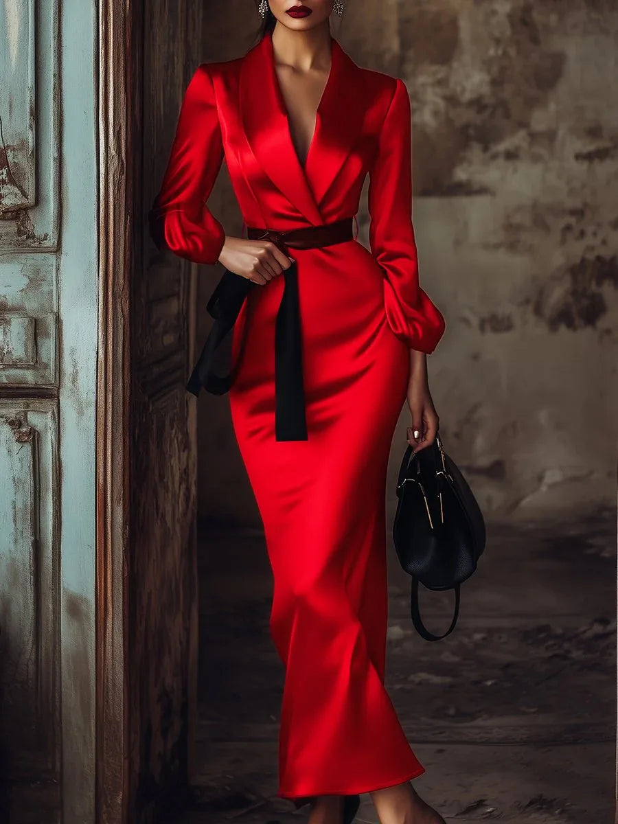 Cyflymder  Elegant Silk Satin Dress for Women's Party Club Lantern Sleeve Notched Collar Red Evening Wedding Guest Midi Dresses for Autumn