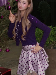Cyflymder  Japanese Sweet Retro Y2k 2 Piece Set Women Slim Purple Cardigan + Polka-dot Print Skirt New Pure Desire Lovely Party Suit Spring