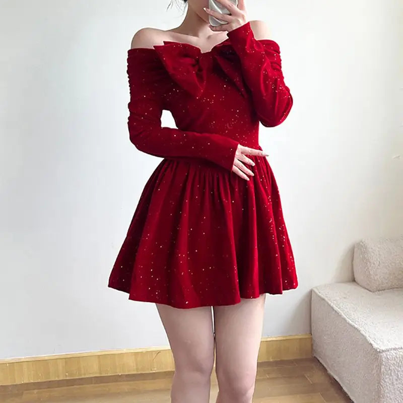 Cyflymder NEW YEAR DRESS Holiday Christmas Bow Velvet A-Line Red Dress Slim Slash Neck Long Sleeve Mini Dresses For Women Autumn Winter Lady