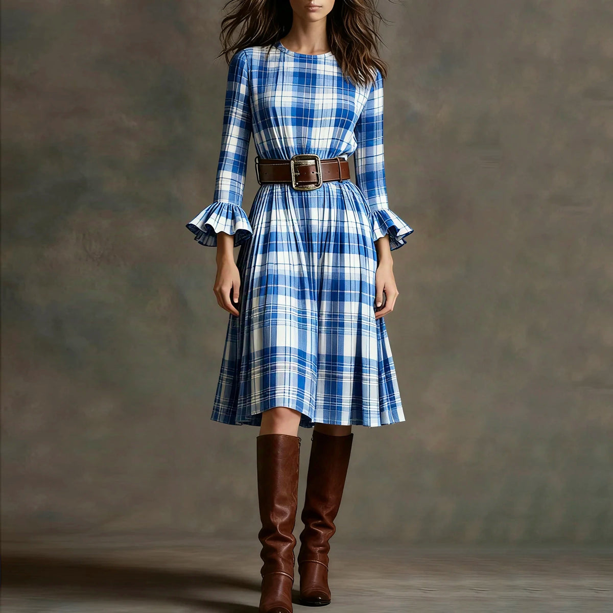 Cyflymder  Ladies' Bohemian Style Temperament Pleated Skirt Fashionable Round Neck Plaid Print edRetro Long Sleeved Casual A-line Dress