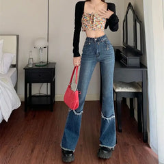 Cyflymder  Women's Clothing High Waist Bootcut Jeans Fashionable Rough Selvage Denim Pants Y2K Vintage Spliced Washed Casual Slim Trousers