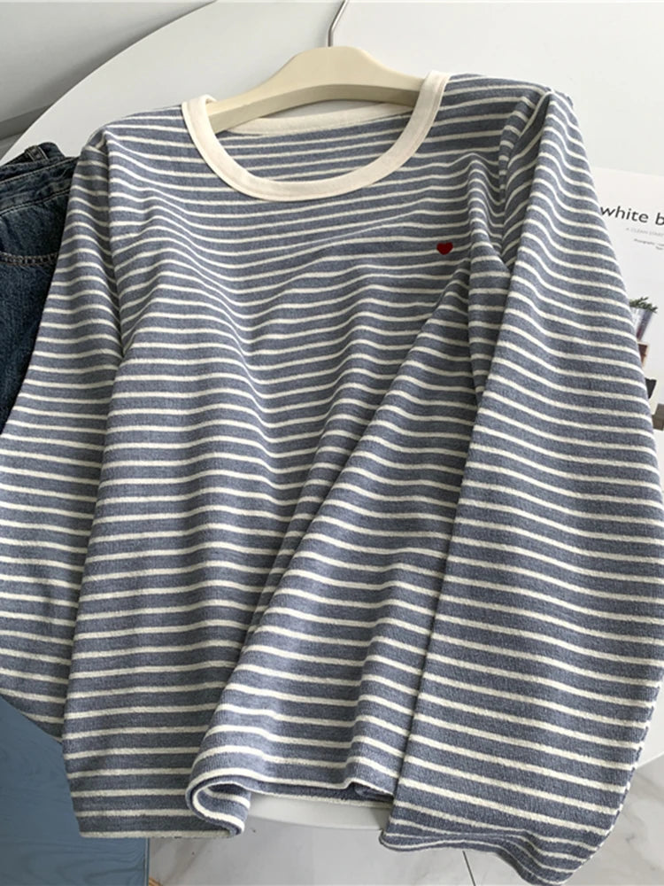 Cyflymder  Love Embroidery Striped Sweatshirt Women Casual O Neck Cute Pullovers Korean Fashion Loose Long Sleeve Sweet Elegant Tops