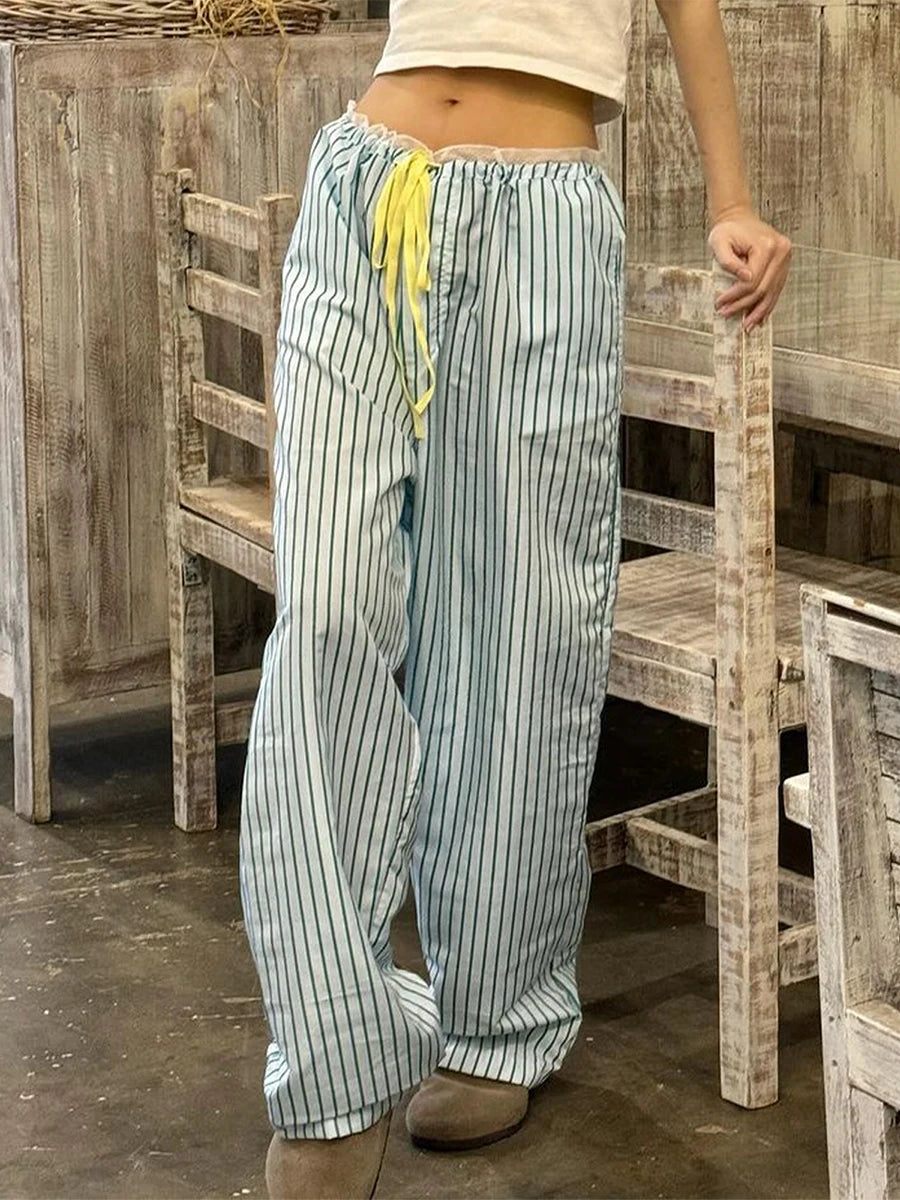 Cyflymder  Women Loose Pants Stripe Print Drawstring Elastic Waist Trousers Spring Summer Casual Sweatpants Streetwear