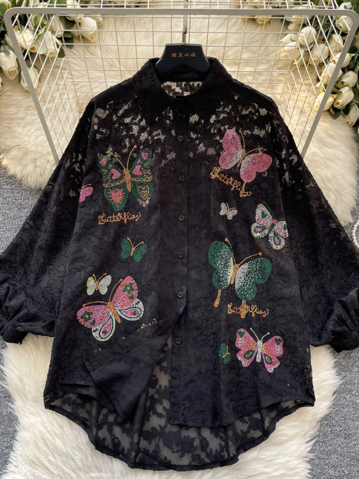 Cyflymder  Ele Vintage Bubble Sve irt Women's Loose Embroidered Me Top Spring Faionable Commute Sle Korean Version