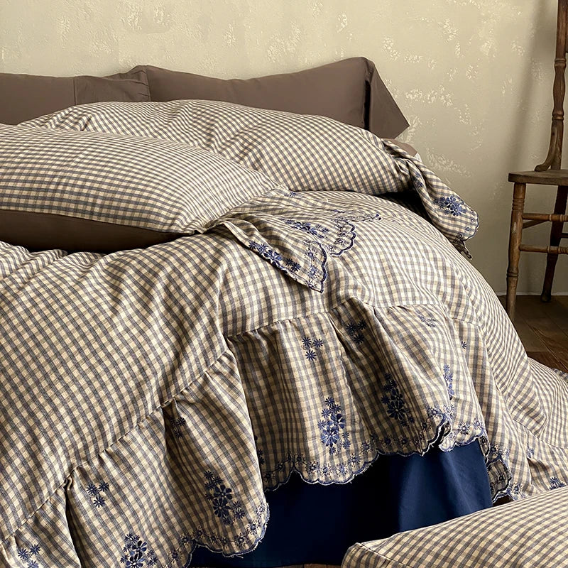 Cyflymder  Flowers Embroidery Ruffles Plaid Bedding Set Double Layer Crepe Yarn Pure Cotton Duvet Cover Flat/Fitted Bed Sheet Pillowcases