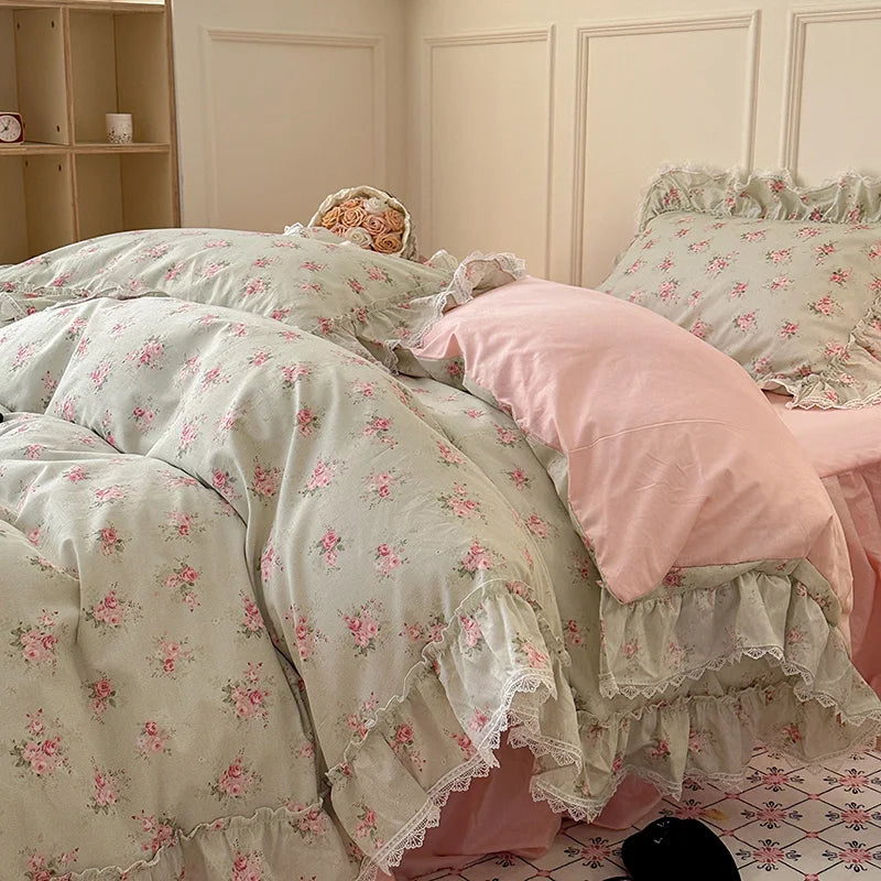 Cyflymder  Korean Princess Style Ruffles Flower Print Bedding Set Duvet Cover Set Bed Skirt Bedspread Pillowcases 100% Cotton Home Textile