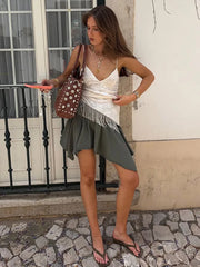 Cyflymder   Sexy Women's Top V-neck Halter Sleeveless Skew Tassel Hem Solid Female Tops Summer High Street Chic Fashion Lady Outwear