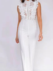 Cyflymder  Stand Collar Sleeveless One Piece Jumpsuits Sexy Lace Patchwork Sheer Straight Rompers Women Elegant Waist Solid Long Playsuits