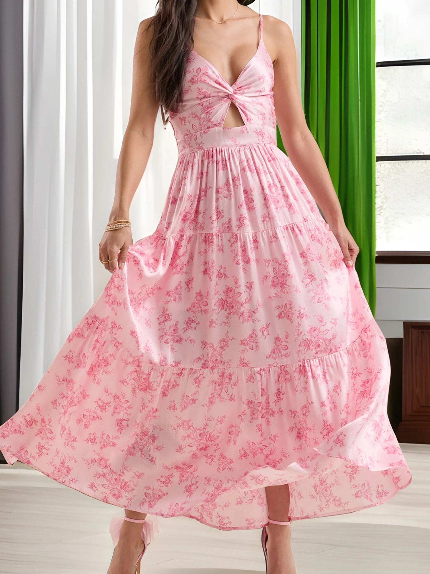 Cyflymder  Elegant Lace Sleeveless V-neck Maxi Dress with Floral Print Perfect for Summer Cocktail Parties and Events