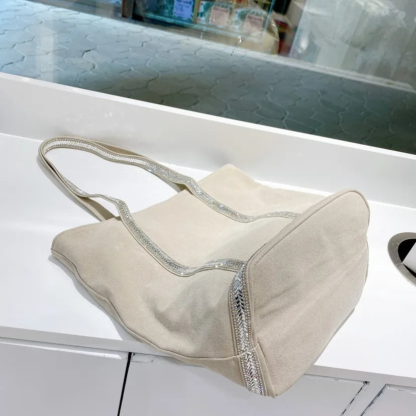 Cyflymder  Canvas Rhinestone Large Capacity Tote Bag  Retro Shoulder Messenger  Handbag Cosmetic Bag Luxury Brand Crossbody Bags for Women