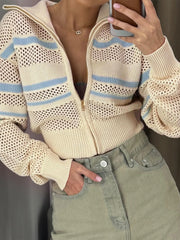 Cyflymder  Ladies Striped Knit Cardigan with Zipper Closure and Hollow Details Fashionable Turn Down Collar Long Sleeve Sweater Coat