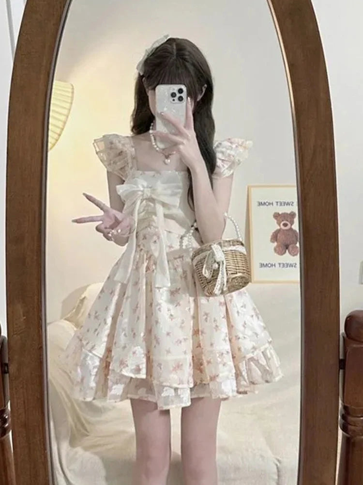 Cyflymder  Floral Sweet Cute Bow Dress Women Slim Vintage Flying Sleeve Mini Dress Summer Elegant Vintage French Sexy Lady Vestidos