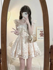 Cyflymder  Floral Sweet Cute Bow Dress Women Slim Vintage Flying Sleeve Mini Dress Summer Elegant Vintage French Sexy Lady Vestidos