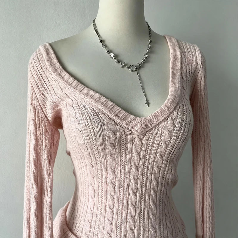 Cyflymder  Women Y2K Cable Knit Long Sleeve Top Deep V Neck Slim Fit Solid Pink Hollow Out Stretchy Knitted Casual Blouse
