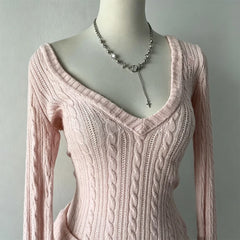 Cyflymder  Women Y2K Cable Knit Long Sleeve Top Deep V Neck Slim Fit Solid Pink Hollow Out Stretchy Knitted Casual Blouse
