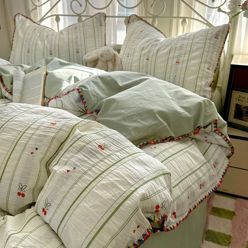 Cyflymder  100% Cotton Yarn-dyed Jacquard Floral Bedding Set Single Queen King Size Duvet Cover Bed Sheet/Fitted Sheet Pillowcases 3/4Pcs