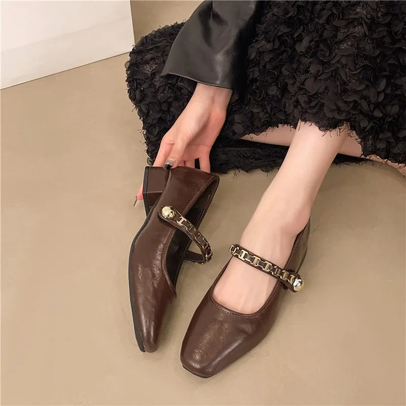 Cyflymder  Retro low-heeled single shoes for women, new summer fashion gold buckle square toe comfortable high-heeled leather shoes