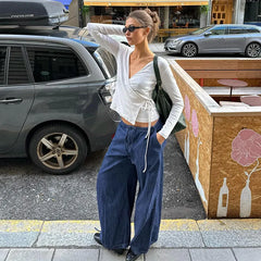 Cyflymder  Retro street style elastic waist strap straight leg low waist personality spicy girl women's loose pleated casual pants
