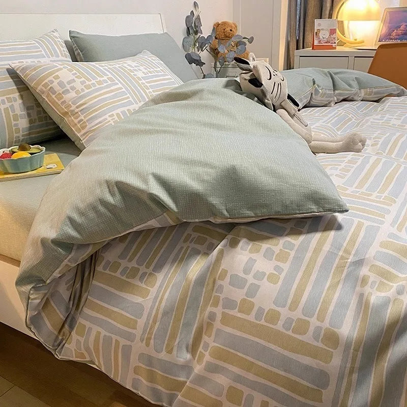 Cyflymder  Simple Nordic Pure Cotton Striped Bedding Set Naked Sleeping Comfortable Duvet Cover Set Fitted Sheet Kit for Single and Double