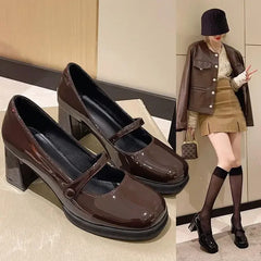 Cyflymder Patent Leather Brown Shoes Vintage Thick High Heels Mary Jane Shoes Women Woman Square Toe Chunky Heels Pumps Mujer