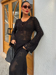 Cyflymder  Sexy Women Knit Beach Dress Hollow-Out V-Neck Long Sleeve Bikini Cover-Ups Dress Holiday Dress Summer Swimwear Beach