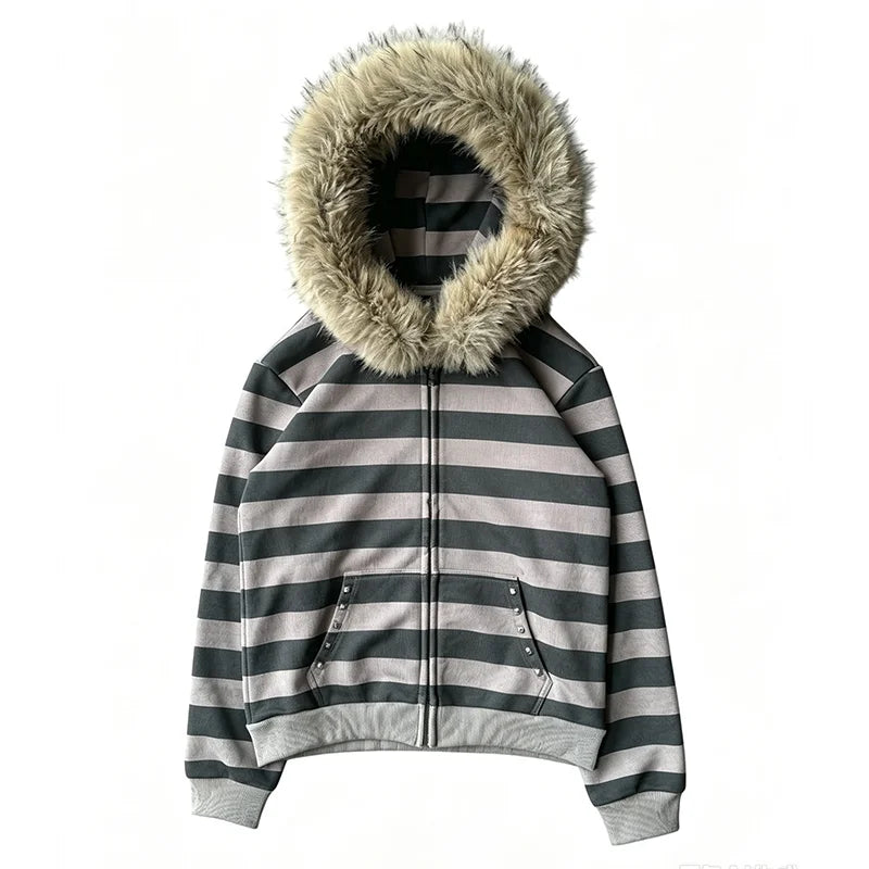 Cyflymder  Retro Striped Zipper Hoodie Sweet Girl Y2K Women's Gray High Street Fur Border Rivet Pocket Street Jacket Hip-Hop Punk Chic