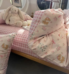 Cyflymder  Cute pink dog flower plaid bedding set kid teen,twin full queen lovely puppy cotton home textile sheet pillow case quilt cover