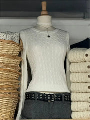 Cyflymder  Twist Knitted Crop Tops Women Autumn Beige Casual Square Neck Slim Long Sleeve Pullover Sweet Cute Preppy Style Chic Sweaters