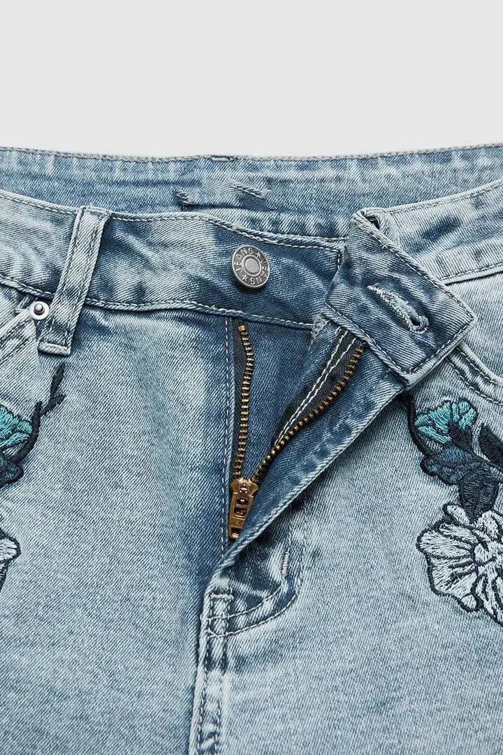 Cyflymder  New Slimming Girlfriend Ankle Denim Jeans Flora-Embroidered High Stretchy Ladies Pants Mid Rise Straight Leg Mom's Trousers T49