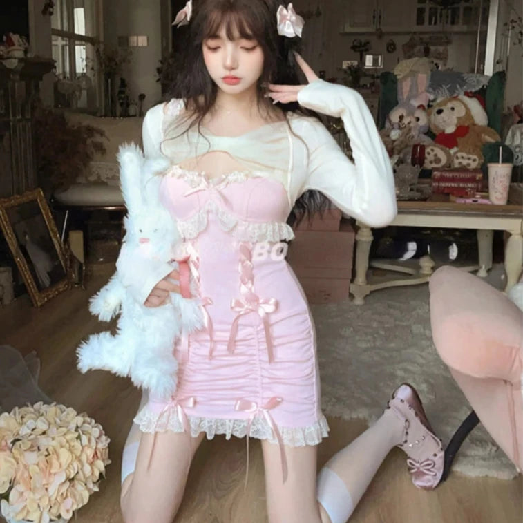 Cyflymder DRESS TO IMPRESS Japanese Sweet Lolita Style Dress Women Bow Pink Kawaii Party Mini Dresses Female Long Sleeve Lace Princess Dresses Autumn