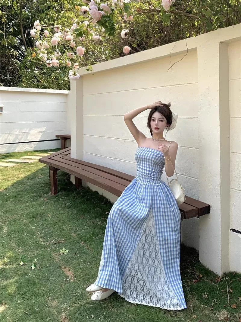 Cyflymder  Korean Style Blue Plaid Lace Halter Dress Women Summer 2025 Sweet Beach Vacation Maxi Skirt Long Dress One Shoulder Sleeveless