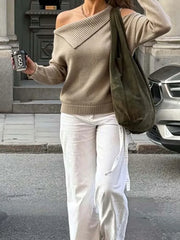 Cyflymder  Women's I-neck hollow off-the-shoulder long-sleeved wool pullover is versatile and casual, suitable for daily travel.