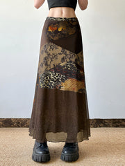 Cyflymder  Vintage Floral Print Patchwork Mesh Skirts Gothic 90s Loose A-line Skirt Y2K Aesthetic Women Skirt Party Club Clothing