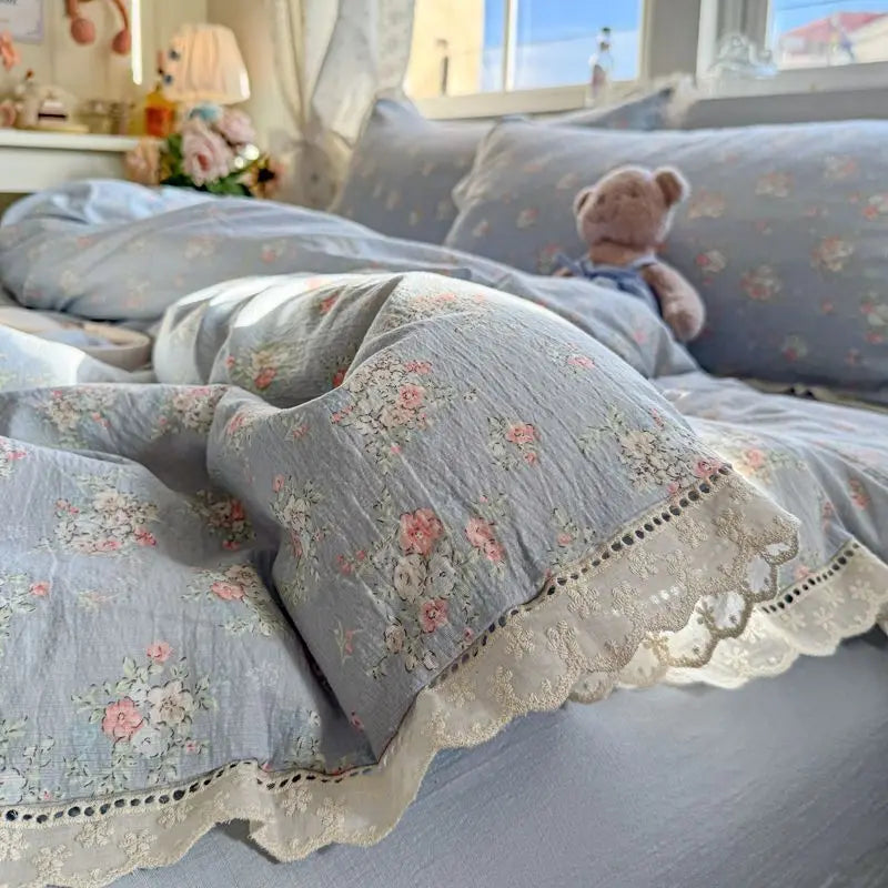 Cyflymder  Korean Style Girly Heart Floral Double Layer Gauze Four-Piece Set Princess Style Lace Trim Quilt Cover Bed Sheet Dormitory
