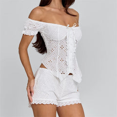 Cyflymder   Women's Summer Shorts Y2K Outfit Off Shoulder Eyelet Floral Corset Top and Scalloped Hem Shorts 2Pcs Set Summer Vacation