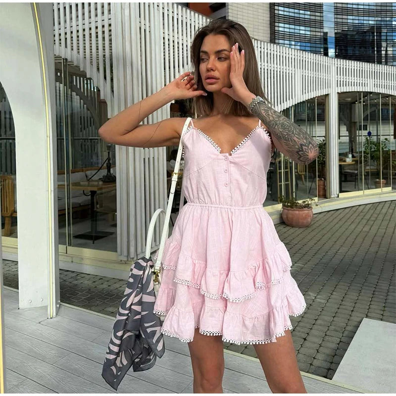 Cyflymder  Sexy Multi-layer Ruffles Backless Puffy Dress Women Sleeveless High Waist Strap A-line Solid Dresses 2025 Summer Street Vacation