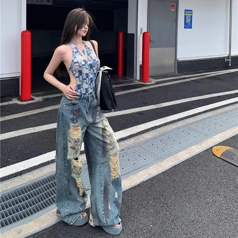 Cyflymder  Vintage Y2K Ripped Jeans for Women American Streetwear Baggy Grunge Wide Leg Trousers Female Hot-Girl High Waisted Denim Pants