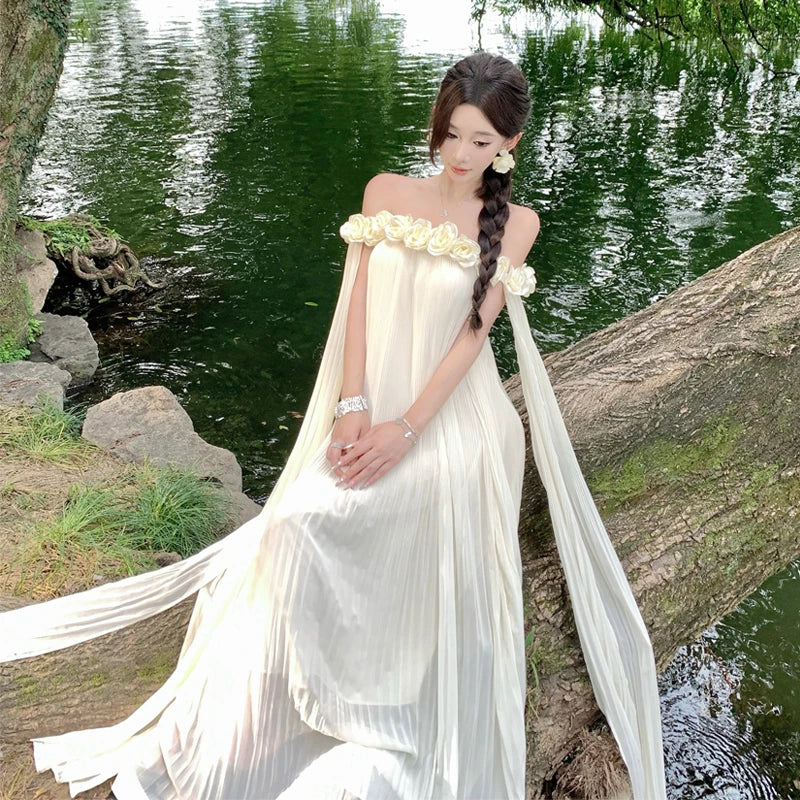 Cyflymder  One-shoulder Dr with 3D Floral Embroidery Beach Vaion Long White Gown Morning Robe Ceremony Dress