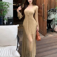 Cyflymder  Aura Flare Sleeve Waist Dresses Spring Autumn Solid Color Women's Clothing V-Neck Stylish Drawstring Elegant Bag Hip Long Dress