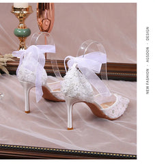 Cyflymder Size 33-42 Summer Beaded Women White Wedding Shoes Ankle Strap Pointed High Heel Pumps