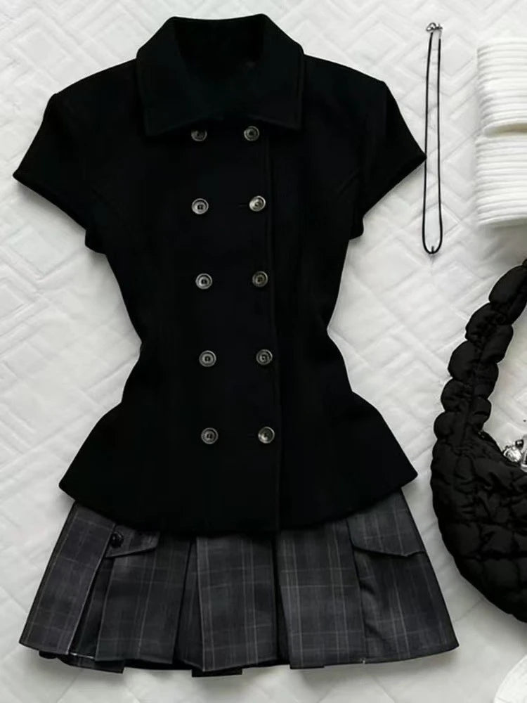 Cyflymder  2Pcs Women Outfit Retro Plaid Short Sleeve Top High Waist Pleated Skirt Y2K Harajuku Style Casual Street Clothing For Hot Girls