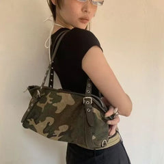 Cyflymder  Vintage Camouflage Boston Bag Women Commuter Casual Large Capacity Shoulder Bags Ladies Fashion Durable Versatile Crossbody Bag