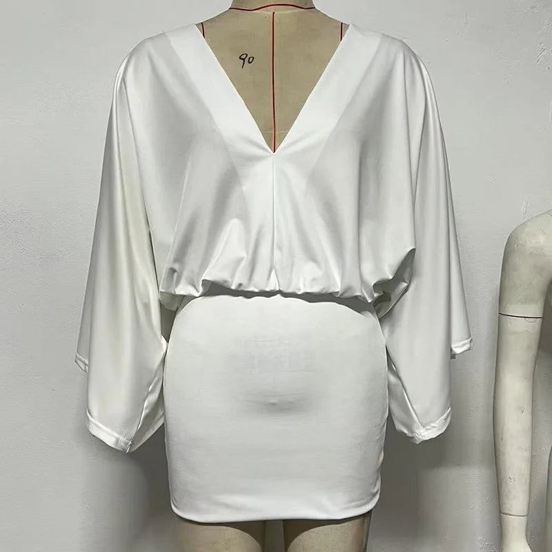 Cyflymder  Women Casual Batwing Sleeve Solid Color Short Dress Elegant Draped Satin Wrap Hip Dress Sexy Deep V-neck Hight Waist Mini Dress
