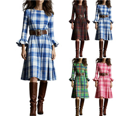 Cyflymder  Ladies' Bohemian Style Temperament Pleated Skirt Fashionable Round Neck Plaid Print edRetro Long Sleeved Casual A-line Dress