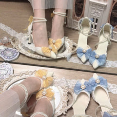 Cyflymder  women's pumps and heels Lolita heels y2k accessories blue yellow bow elegant shoes for women wedding heel bridal shoes party