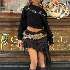 Cyflymder  Fashion Contrasting Irregular Diagonal Collar Full-sleeved Off Shoulder Letter Print Casual Loose Pullover Tops Hottie Wear